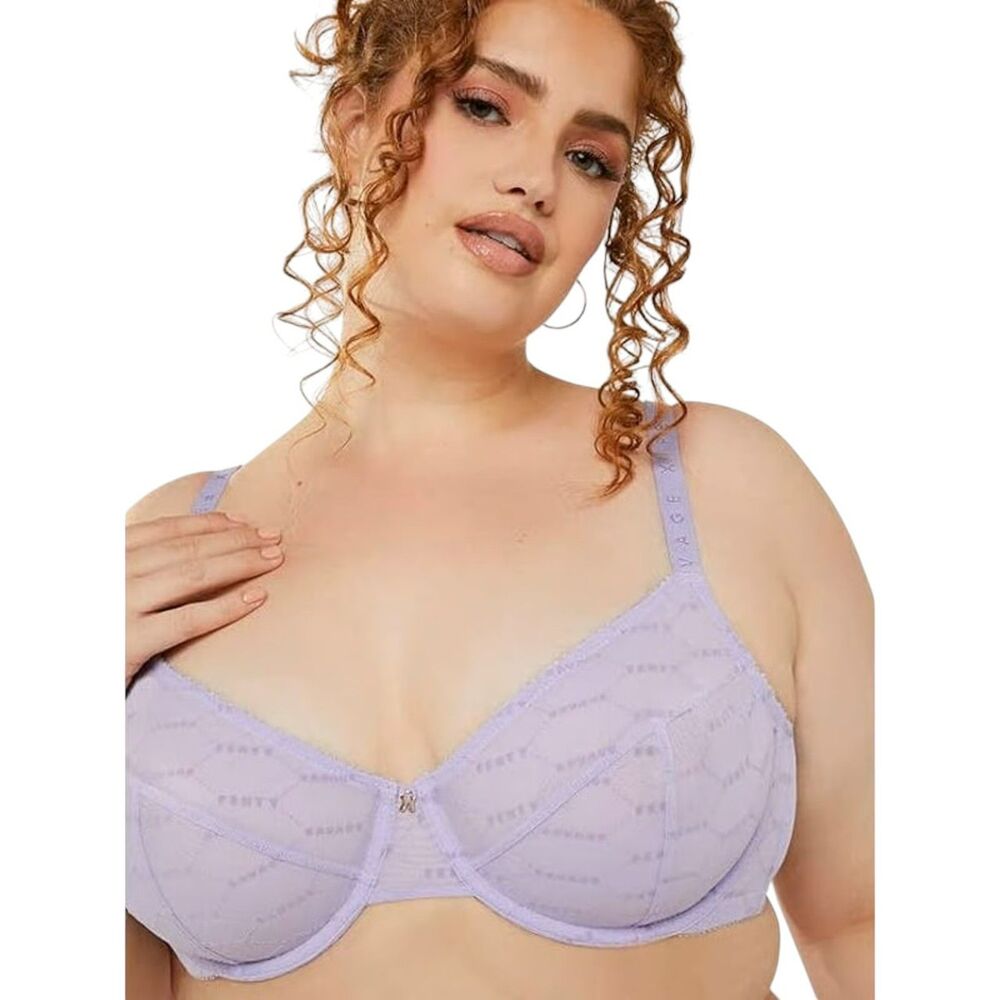 Savage X Fenty Purple Flocked Logo Underwire Demi Bra 42H Luxury Lingerie